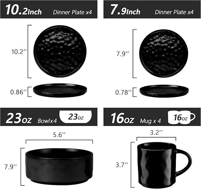 Vesteel 16-Piece Dinnerware Sets Stoneware Dish and Bowls Set for 4 Handmade Reactive Glaze Coupe Plates Set Chip &amp Scratch Resistant - Matte Black