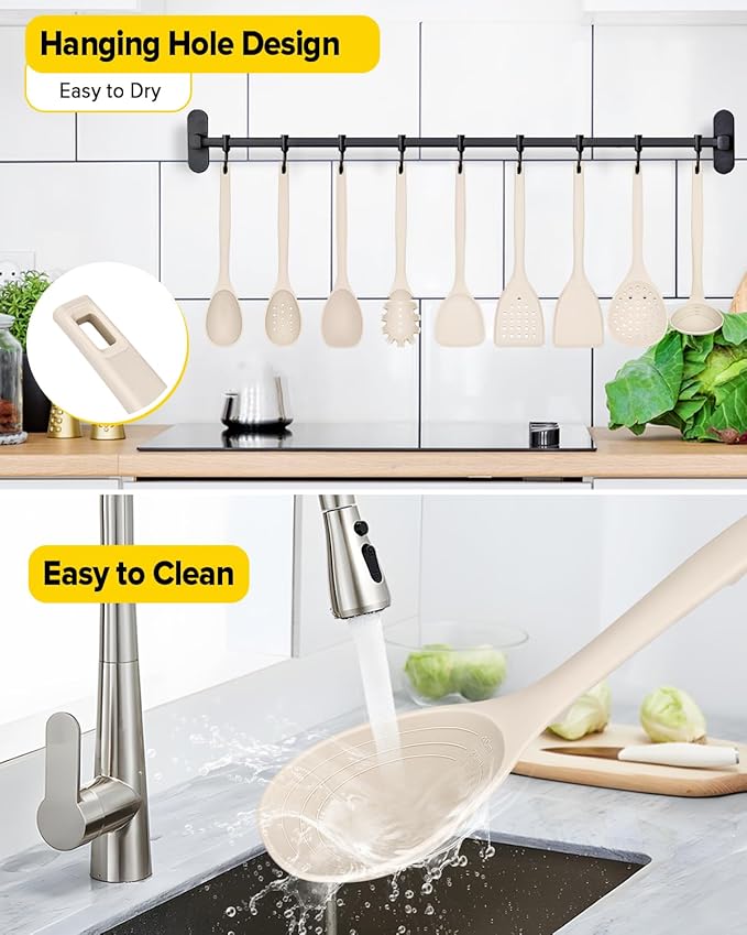 Silicone Cooking Utensils Set 9 Pcs Heat Resistant Kitchen Utensils with Back Hooks BPA Free Kitchen Tools with Spatulas Spoons Skimmer and Pasta Fork for Non Stick Cookware(KHAKI)