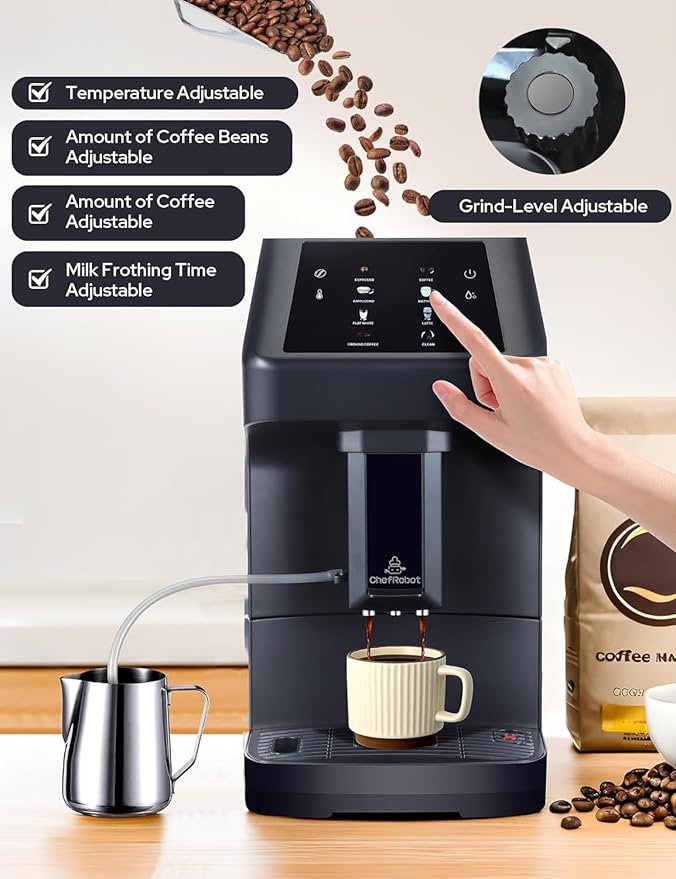 Automatic Espresso Machine with Programmable Flow for Espresso / Americano/Latte/Cappucino/Milk Foam Custom Grind Automatic Coffee Machine with Self-Cleaning for Home/Office/Cafe/Coffee Lovers