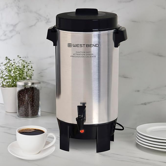 West Bend Coffee Urn Highly-Polished Aluminum Features Automatic Temperature Control with Cup Per Minute Brewing and Easy Clean Up Includes In-Basket Measuring Guide and Ready Light 42-Cup Silver
