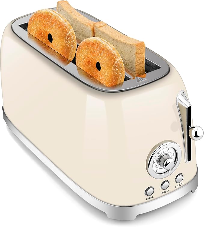 SUSTEAS Toaster 4 Slice Wide Slot Stainless Steel Bread Bagel Toasters Retro Long Slot Tostadora for Defrost Reheat Removable Crumb Tray 1500W 6 Browning Settings Beige