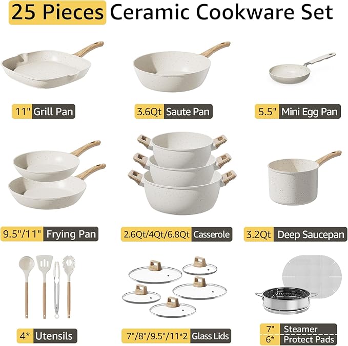 25Pcs Pots and Pans Set Non Stick Ceramic Cookware with Titanium-Reinforced Nonstick Coating PFAS-Free &amp Induction Ready Long-Lasting Performance Full Kitchen Set with 3 Casseroles
