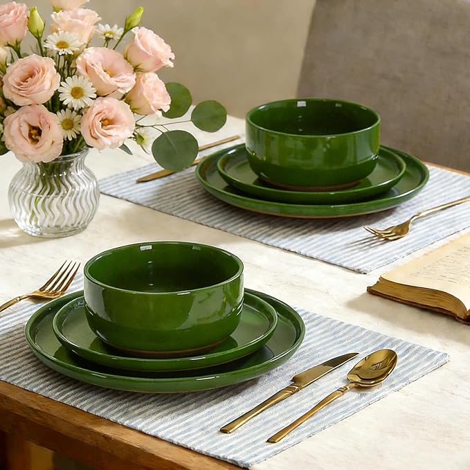 GZG Modern Art Series - 6 Pcs Speckled Stoneware Plates and Bowls Sets Ceramic Dinnerware Set with Rustic Terracotta Underside Microwave and Dishwasher Safe Handcrafted Dishes Set - Verdant Green
