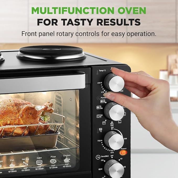 Nutrichef 2-in-1 Convection Oven &amp Cooker - 30 Quart 1500W Multi-Function Kitchen Oven with Dual Hot Plates 7 Cooking Modes Including Rotisserie Broil Bake - 19.6 x 16.0 x 13.5 Inches