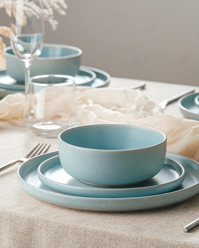 Famiware Milkyway Plates and Bowls Sets 12 Pieces Dinnerware Sets Reactive Glaze Dish Set Stoneware Dishes Set for 4 Light Blue
