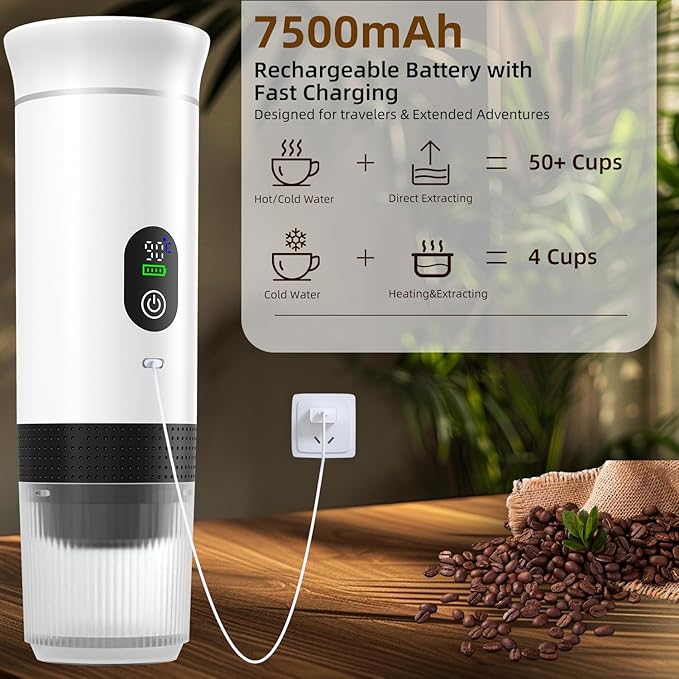 Portable Coffee Maker for Travel &amp Camping Portable Espresso Maker with Bag Rechargeable Cordless Battery Operated Coffee Makers for Ground Coffee NS Capsule RV Hiking Office(White)