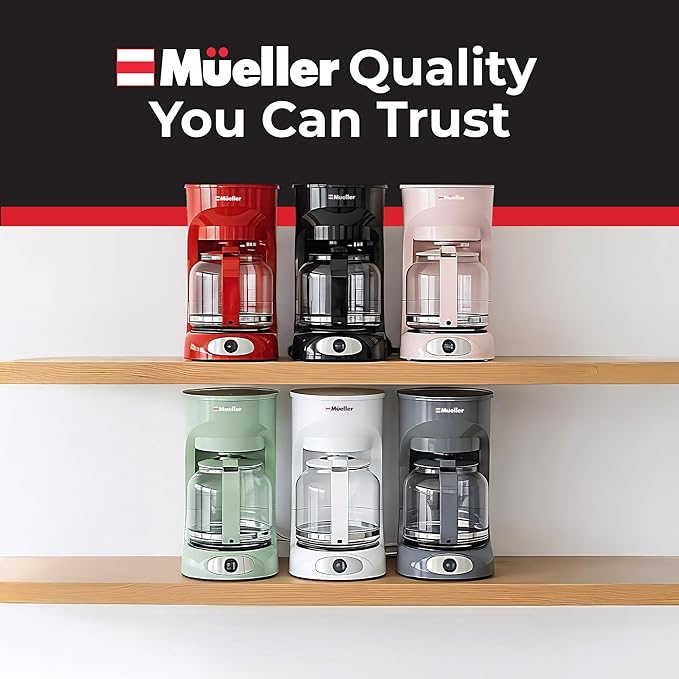 MUELLER HOME 12-Cup Pink Coffee Maker - Borosilicate Carafe Auto-Off Pink Kitchen Accessories Reusable Filter Anti-Drip Kitchen Appliances Keep-Warm Function