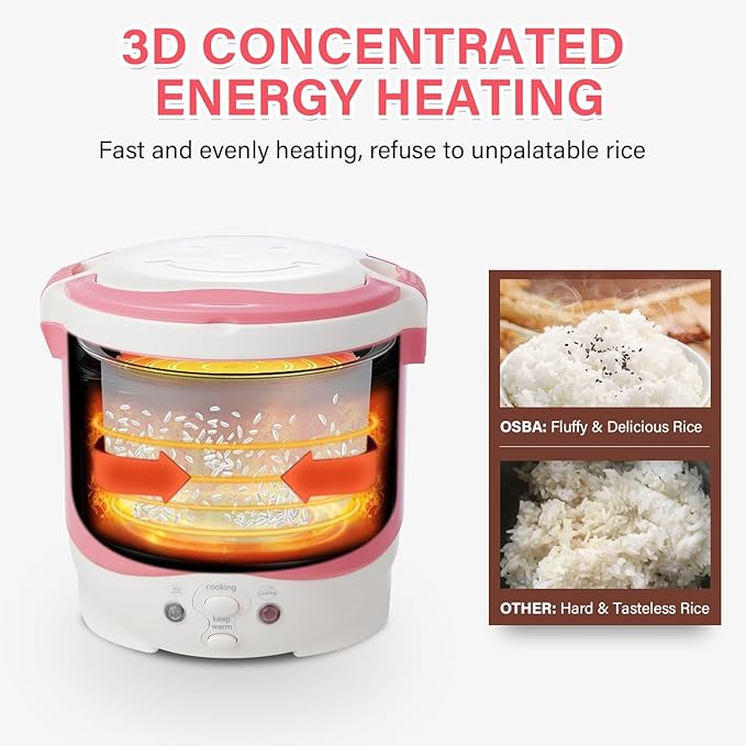 OSBA Small Rice Cooker12v Portable Travel Rice Cooker For Car Cooking Heating and Keeping Warm Function Can be Used As a Electric Lunch Box (Pink)
