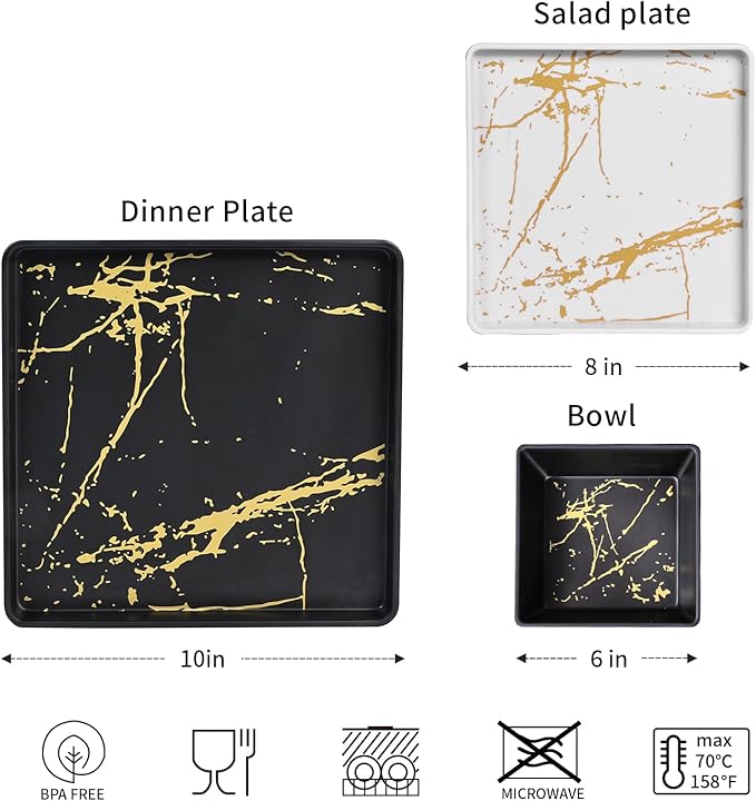 Square Melamine Dinnerware Sets of 12 PcsSquare Plates and Bowls SetsUnbreakable Dish Set for 4Lightweight Dishwasher Safe and BPA FreeSuit for RVCamping （Black and White）