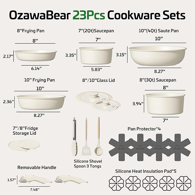 23 Pcs Pots and Pans Set Non Stick Ceramic Cookware Set Non Toxic with Detachable Handles Healthy Induction Cookware Oven Safe RV Kitchen Set PFAS PFOA &amp PTFE Free Cream White
