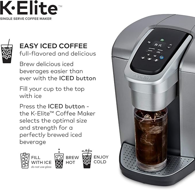 Keurig C K-Elite Maker Single Serve K-Cup Pod Brewer with Iced Coffee Capability Extra Included 75oz Brushed Silver Plus Filter Bundle