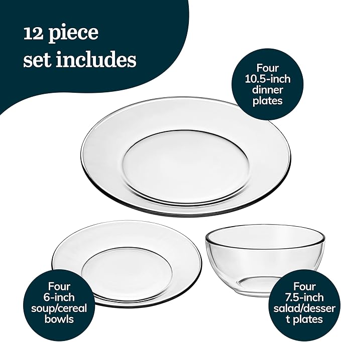 Libbey Round 12 Piece Glass Dinnerware Set Stackable Glass Plate and Bowl Set w/Round Shape Modern Plates and Bowls Sets for Gatherings and Everyday Use