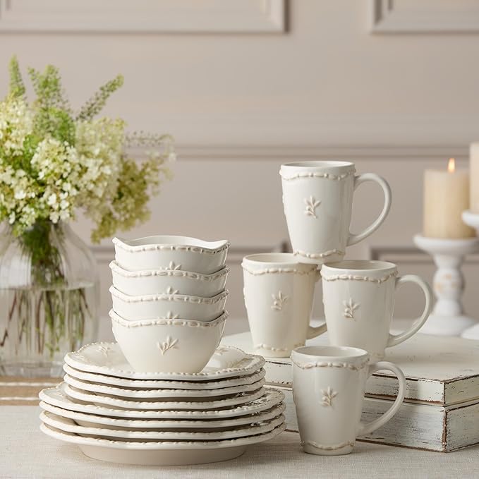 Heritage Beads 16pc Stoneware Dinnerware Set – Classic Cream White Plates Bowls &amp Mugs with Raised Bead Accents – Elegant Vintage-Inspired Tableware Service for 4 Dishwasher Safe