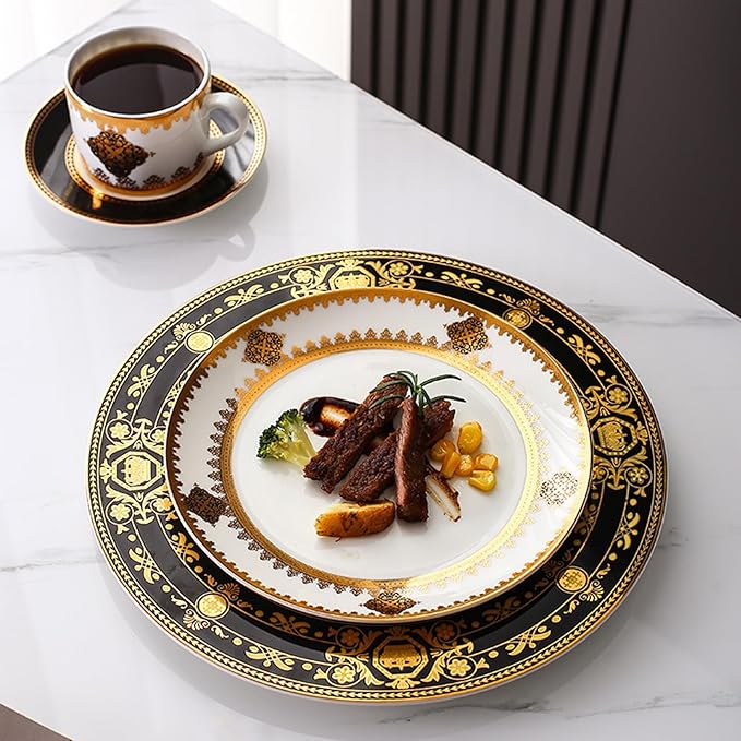Elegant Bone China Dinnerware Set for 6 – Coffee Cup Saucer &amp 8”/10” Plates – Luxury dishes set for Housewarming Anniversary or Mother’s Day Present gift for Wife DLCP-5