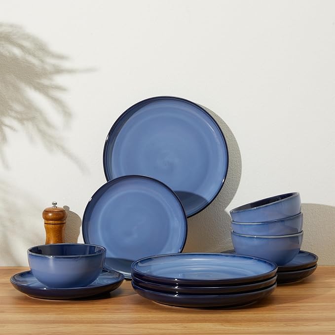 Stoneware Dinnerware Sets Ceramic Plates and Bowls Set Microwave &amp Dishwasher Safe Kitchen Dish Set Modern Dinner Plates | Salad Plate | Cereal Bowls for 4 Dishware Sets Blue