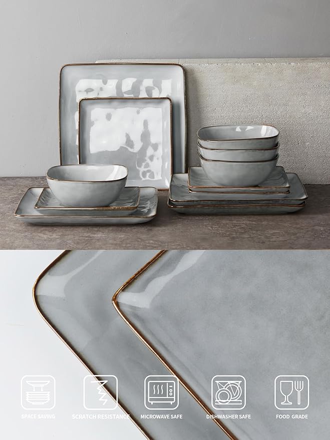 Famiware Ocean Square 12 Pieces Dinnerware Set + 6 Pieces Oval Dipping Bowl Set Microwave and Dishwasher Safe Grey