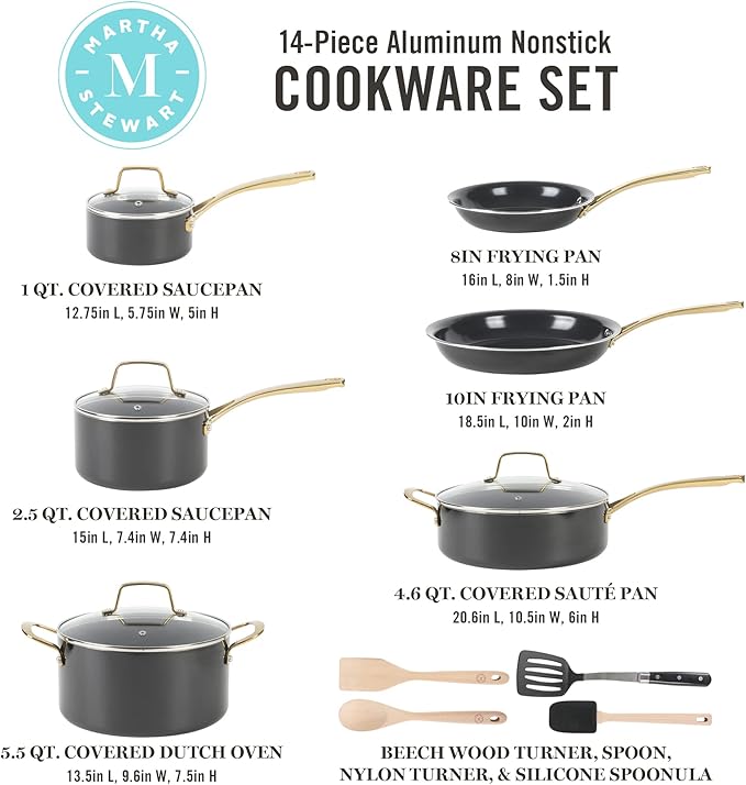 Martha Stewart Lockton 14 Piece Premium Non-Stick Heavy-Gauge Aluminum Cookware Combo Set (Pots Pans and Tools) - Black w/Gold Handles