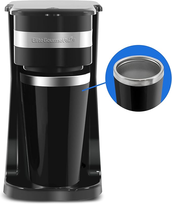 Elite Gourmet EHC111A Personal Single-Serve Compact Coffee Maker Brewer Includes 14Oz. Stainless Steel Interior Thermal Travel Mug Compatible with Coffee Grounds Reusable Filter Black