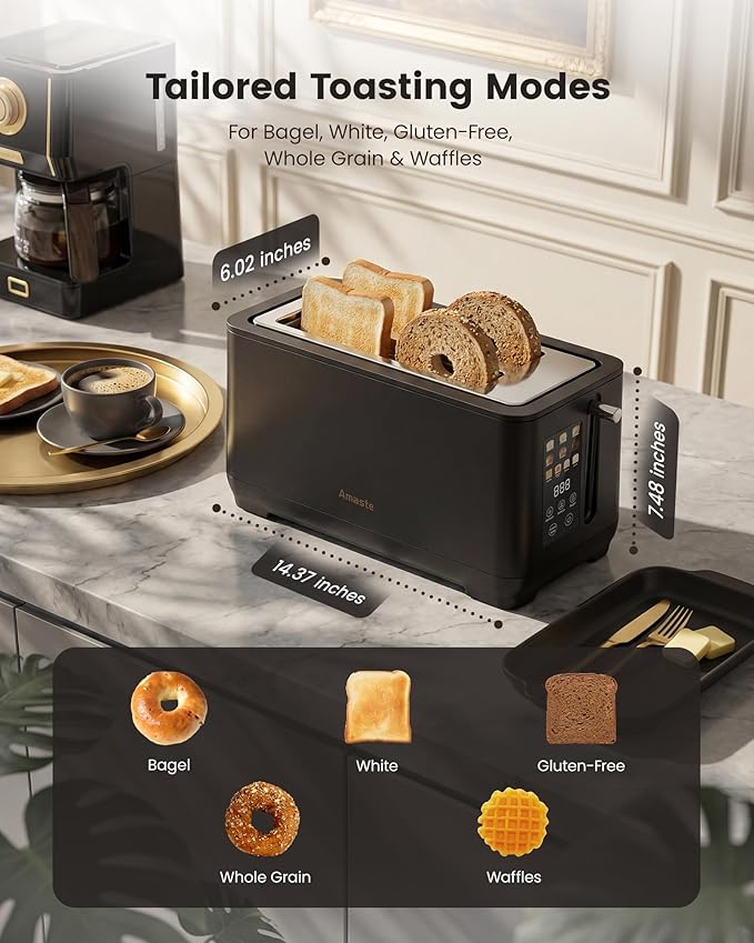 4 Slice Toaster Long Slot Touch Screen Retro Toaster with Digital Countdown Extra-Wide Slots for Bagels &amp Artisan Bread 6 Browning Levels 5 Bread Modes Defrost Reheat Cancel Stainless Steel