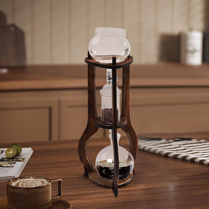 Iced Coffee Cold Brew Drip Tower Coffee Maker Handmade Glass Cold Drip Tower with Wooden Stand Adjustable Flow Valve Slow Iced Coffee Brewer for Home and Office