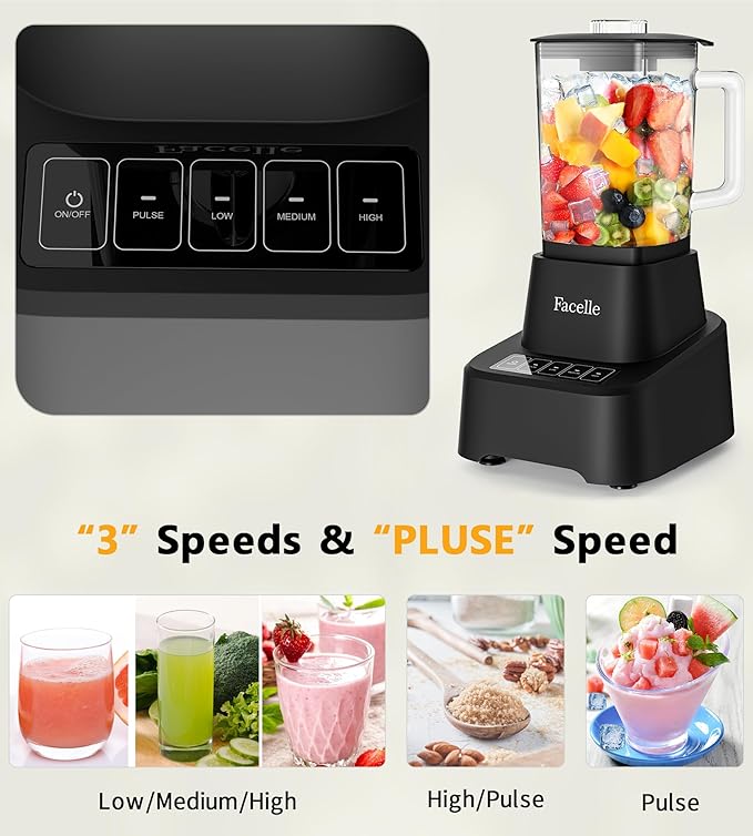 Smoothie Blender Facelle Countertop Blender for Kitchen 55 oz Glass blender for smoothies and Shakes Licuadora Smoothie maker with touchscreen 3+P Speeds Cleaning brush ＆ removable SS304 blade