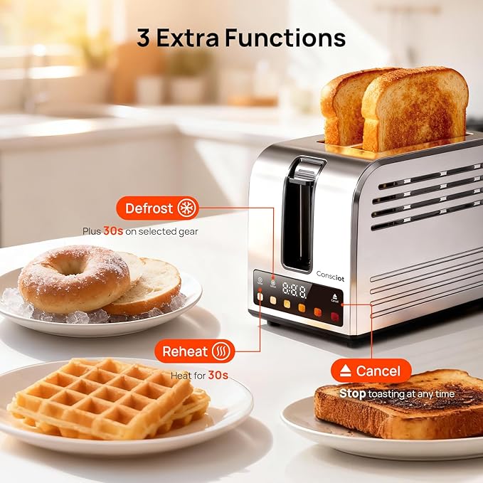 Toaster 2 Slice Consciot Smart Touch Screen Toasters with 6 Browning Levels Timer Reheat/Defrost/Cancel Extra-Wide Slots Removable Crumb Tray Auto Pop-up &amp Anti Jam Peak 925W Stainless Ste