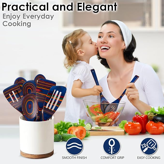 Wooden Spoons for Cooking Pakkawood Kitchen Utensil Set Spectrum Color Premium Durable Wooden Utensils for Nonstick Cookware Heat Resistant Smooth Finish Comfortable Grip 7 Piece