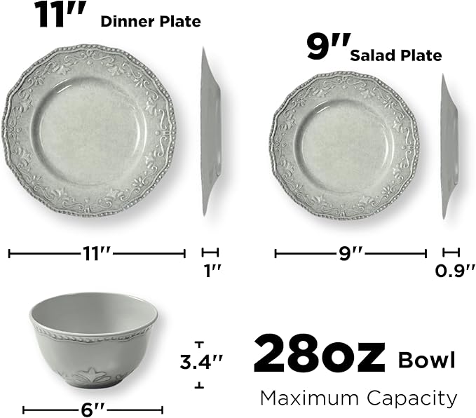 TP 18-Piece Dinnerware Set Melamine Dishes Set with Bowls and Plates Service for 6 Non-breakable Lightweight Dining Tableware Grey