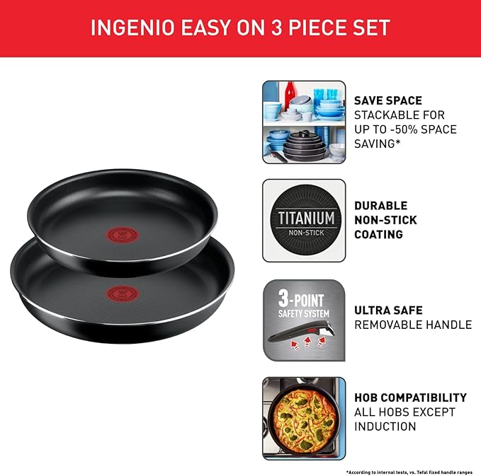 Tefal Ingenio Easy ON 3 Piece Non-Stick Pan Set 24&amp28 cm Frying Pans Bakelite Handle Easy Cleaning Heat Indicator All Hobs Compatible Except Induction Black L1599302