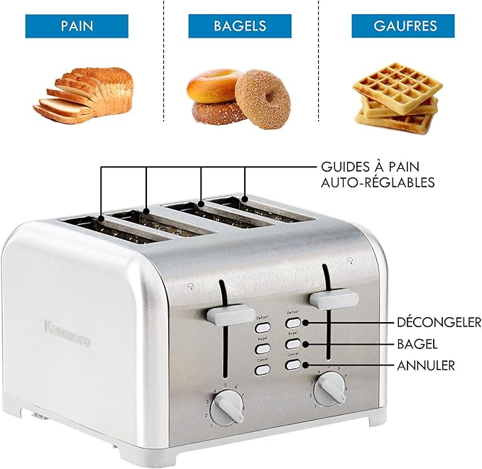 Kenmore 4 Slice White Toaster Stainless Steel Extra Wide Slots Adjustable Browning Bagel and Defrost Settings Removable Crumb Tray Best Prime Toaster for Bread Bagel Waffles and more