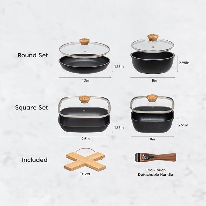 IRIS USA Non Stick Cast Aluminum Fry Pans with Removable Handles and Collapsible Wood Trivet - 6 Piece Kitchen Cookware Sets Square