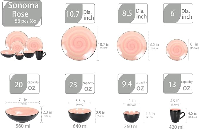 Stoneware Sonoma 56pc Dinnerware Set Black + Speckled Spin Wash Rose