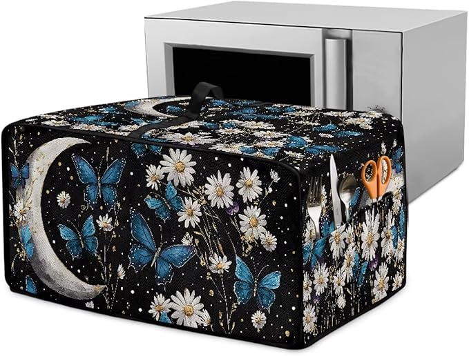 Buttefly Print Toaster Oven Cover for Kitchen Counter Decorative Daisy Moon Print Smart Microwave Oven Protector Dustproof Stain Resistant Bread Maker Cover Black