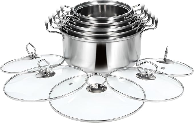 Kichvoe 5 Sets Stainless Steel Stock Pots Set with Glass Lids - Induction Cookware for Kitchen Use - Double Handle Soup Pots