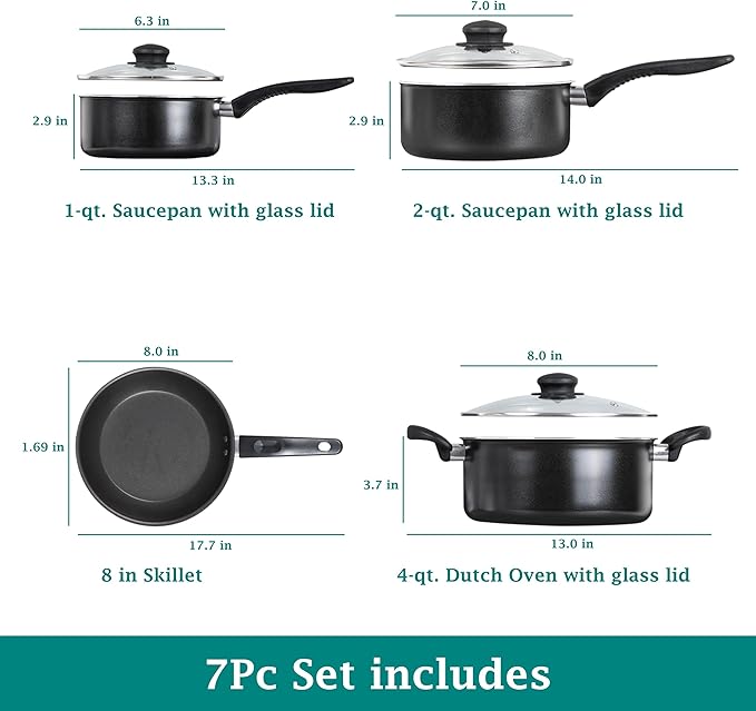 7 Piece Aluminum Cookware Set Non-Stick Pots and Pans Black