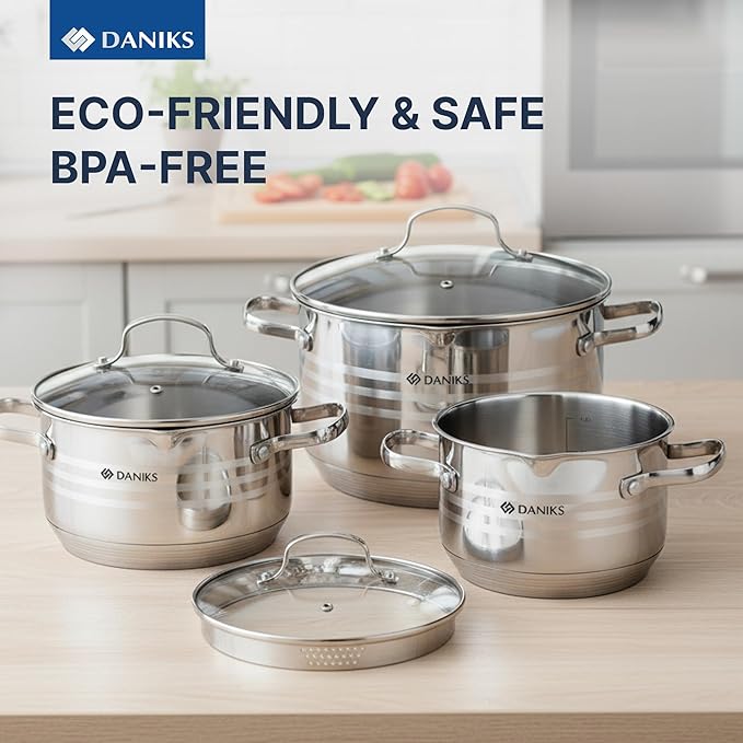 Daniks Tokio Stainless Steel Cookware Set 6-Piece – 2 qt 3 qt 4.5 qt Pots with Glass Strainer Lids Induction Ready Dishwasher Safe Measuring Scale Silver