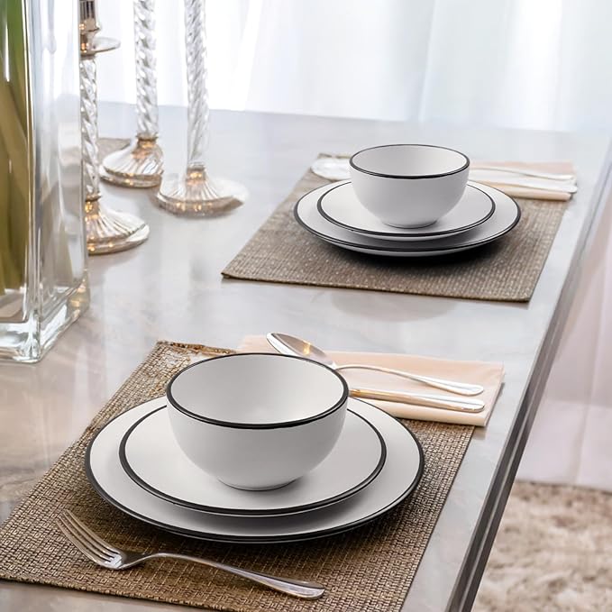 Homlouue 16 Pieces Stoneware Dinnerware Set Speckled Ceramic Plates and Bowls Mugs Sets Service for 4 Ceramic Dishes Set Microwave and Dishwasher Safe(White with Black Rim)