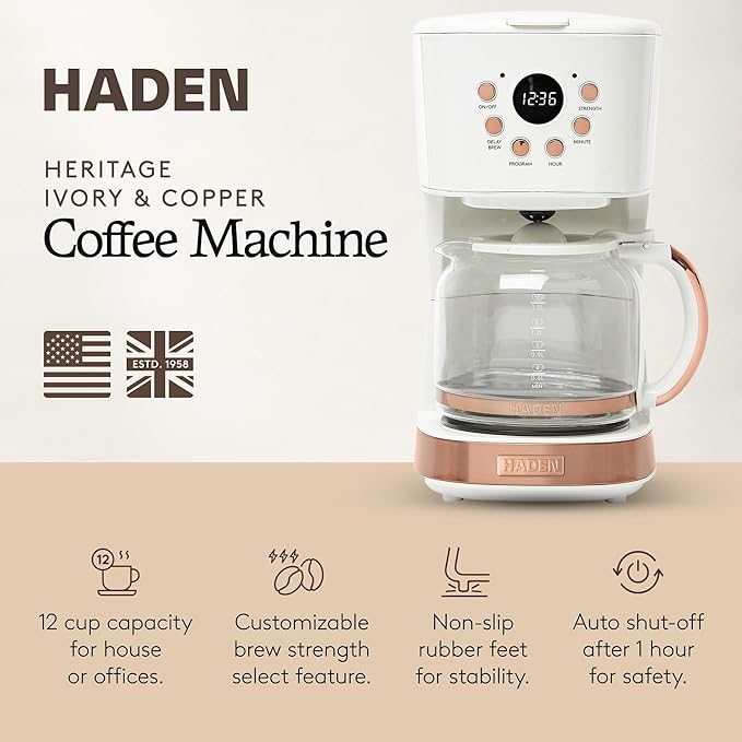 HADEN Coffee Machine 12 Cup Programmable Drip Coffee Maker with Auto Shut-Off Function and Reusable Washable Water Filter Ivory &amp Copper
