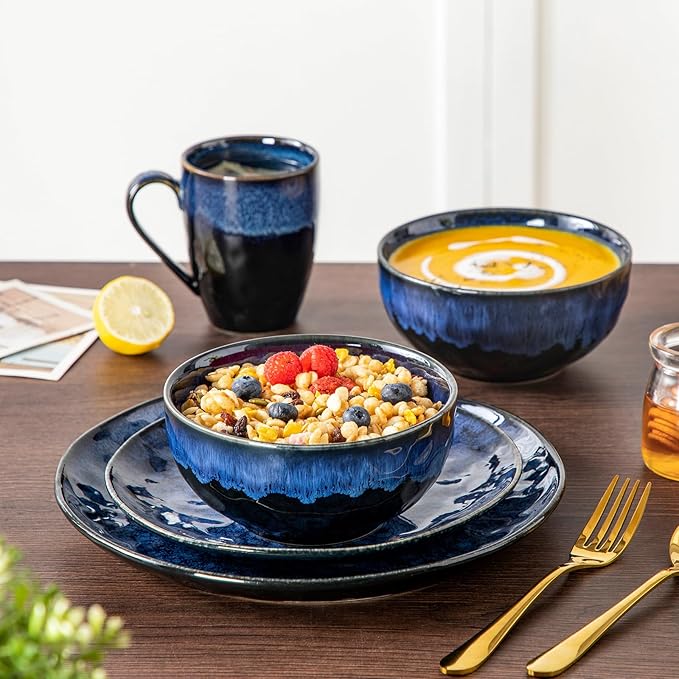 vancasso Starry 16 Pieces Dinnerware Set for 4 Reactive Glaze Blue Stoneware Plates and Bowls Set Dishes Set with Mugs for 4 Microwave &amp Dishwasher Safe