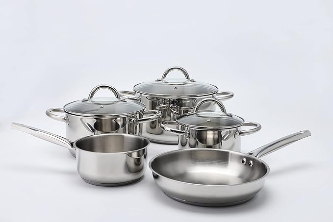 EW-TS-8010 Induction Cookware Set Made of High-Quality Stainless Steel 8-Piece Cookware Pots with Glass Lid 3 x Saucepans Saucepan Frying Pan for All Types of Cookers Silver Edition