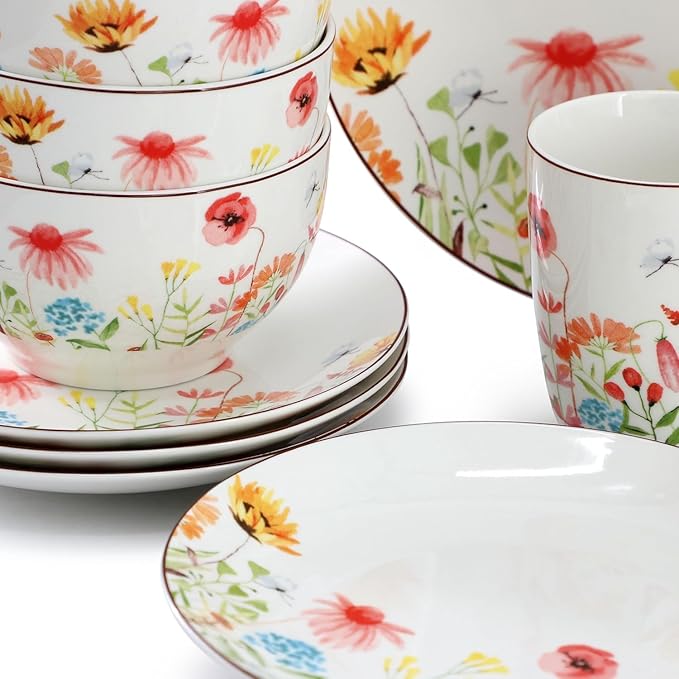 Wildflower Meadow 16 Piece Stoneware Dinnerware Set – White Dinner Plates with Floral Design Bowls and Mugs – Microwave &amp Dishwasher Safe