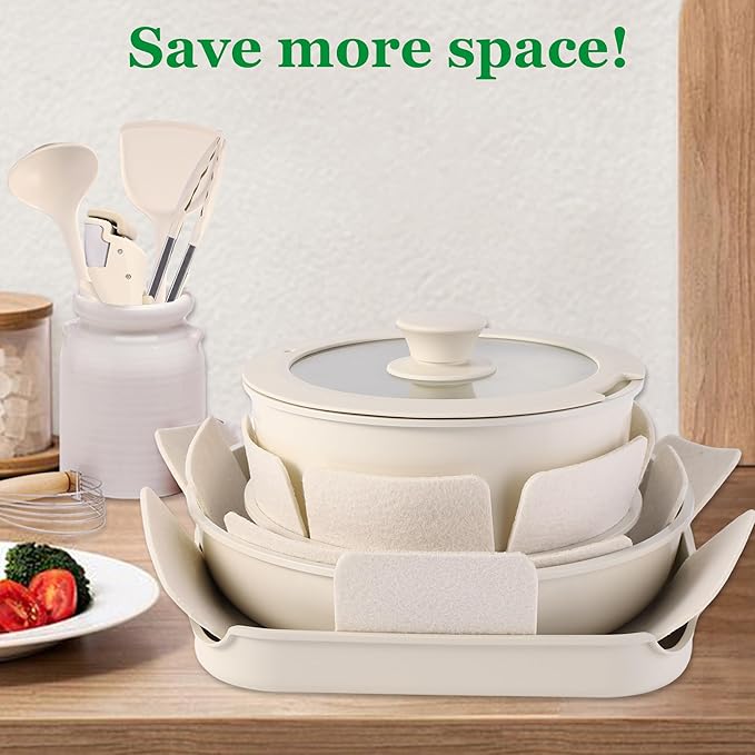 12 PCS Kitchen Cookware Set Aluminum non stick pan Removable &amp microwaveablewith Induction Pot Pan Set for RV CookwareOven Safe PFOA Free(White)