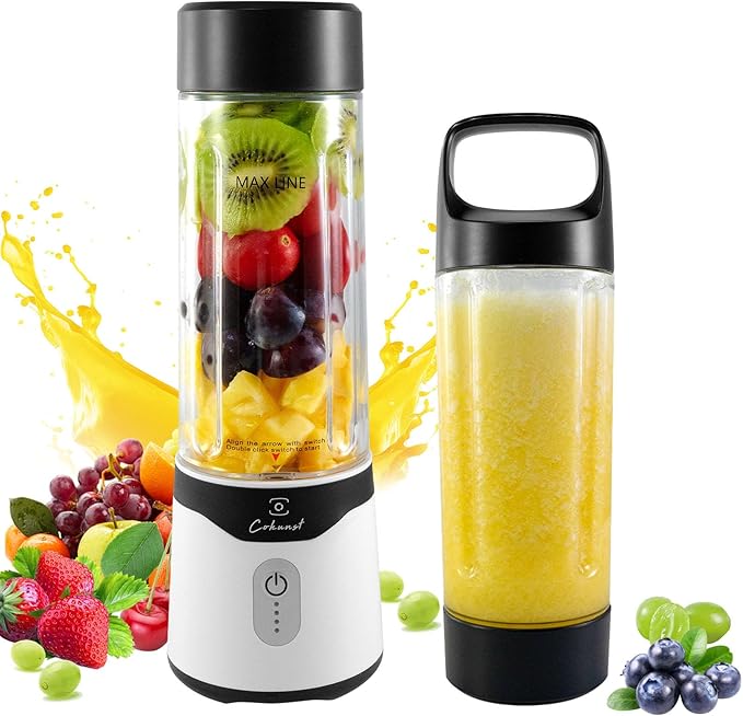 COKUNST 18oz Portable Blender USB Rechargeable Personal Size Blenders Smoothie Blender with 6 Blades for Protein &amp Shakes Mini juicer with Extra Handle Lid for Travel Sports Outgoing White