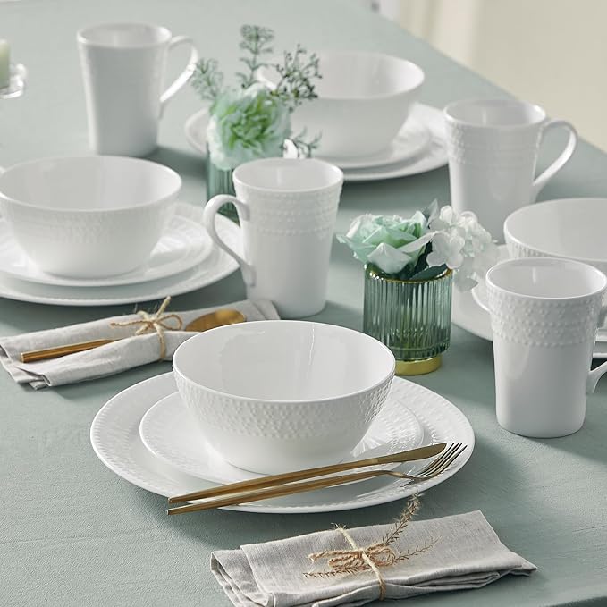 16Piece Bone China Dinnerware Set with Elegant Dotted Relief Design Embossed Plates Bowls mugs Chip-Resistant Lightweight Elegant and Durable Service for 4 White