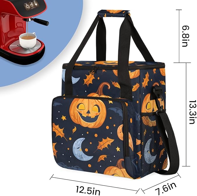 Halloween Pumpkin Coffee Maker Carrying Bag Glitter Pumpkin Travel Storage Bag Compatible with K-Mini or K-Mini Plus Single Serve Coffee Brewer Carrying Case with Multiple Pockets &amp Shoulder Str