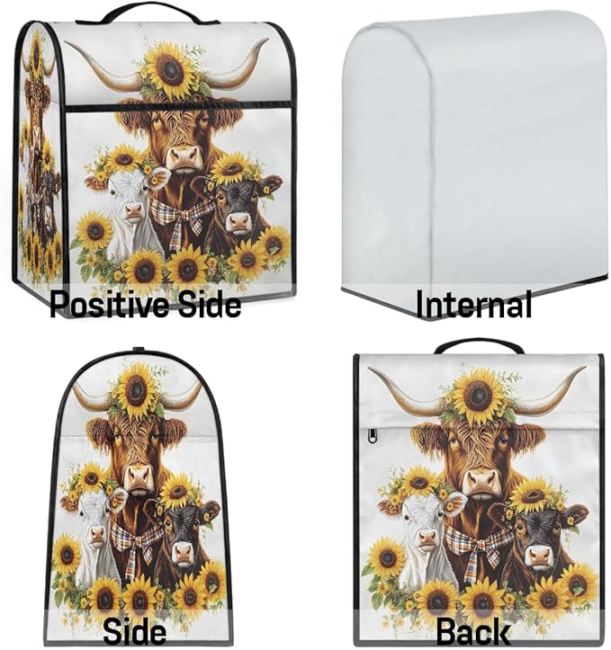 Kitchen Aid Mixer Cover Sunflower Cute Highland Cows Stand Mixer Cover Compatible with 6-8 Quarts Stand Mixers Dust Covers with Zipper Pocket Foldable Washable Kitchen Aid Organizer Bag