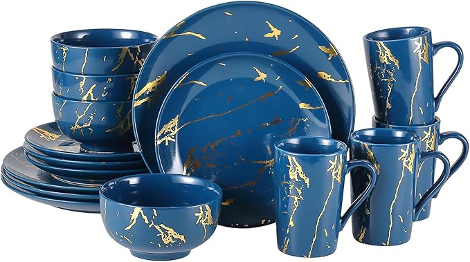 Modern Porcelain 16 Piece Blue Dinnerware SetPlates and Bowls SetsGold Dish Set for 4Blue Dinnerware SetDinner Sets with Dinner Plates.
