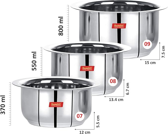 Sumeet Stainless Steel Tope/patila/cookware 370 550 800ml 3 Piece (Steel)