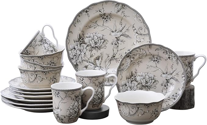 222 Fifth Adelaide 32-Piece Porcelain Dinnerware Set – Service for 4 Romantic Bird &amp Floral Design Everyday Big Dinner Plates and Bowls Sets Microwave &amp Dishwasher Safe
