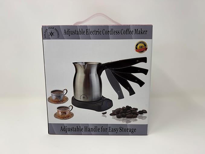 Golden Star Adjustable Electric Coffee Maker – 6 Cup Stainless Steel Jazve with Folding Handle &amp Cordless Heating Base – Armenian &amp Middle Eastern Coffee Pot 110–120V